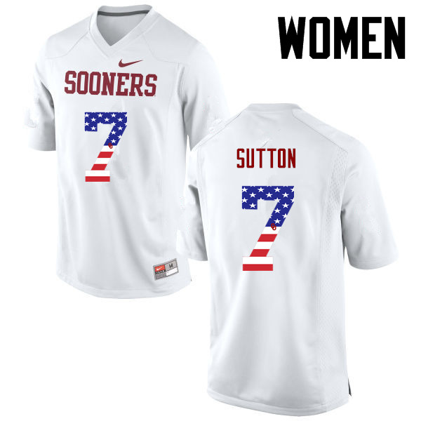 Women Oklahoma Sooners #7 Marcelias Sutton College Football USA Flag Fashion Jerseys-White - Click Image to Close